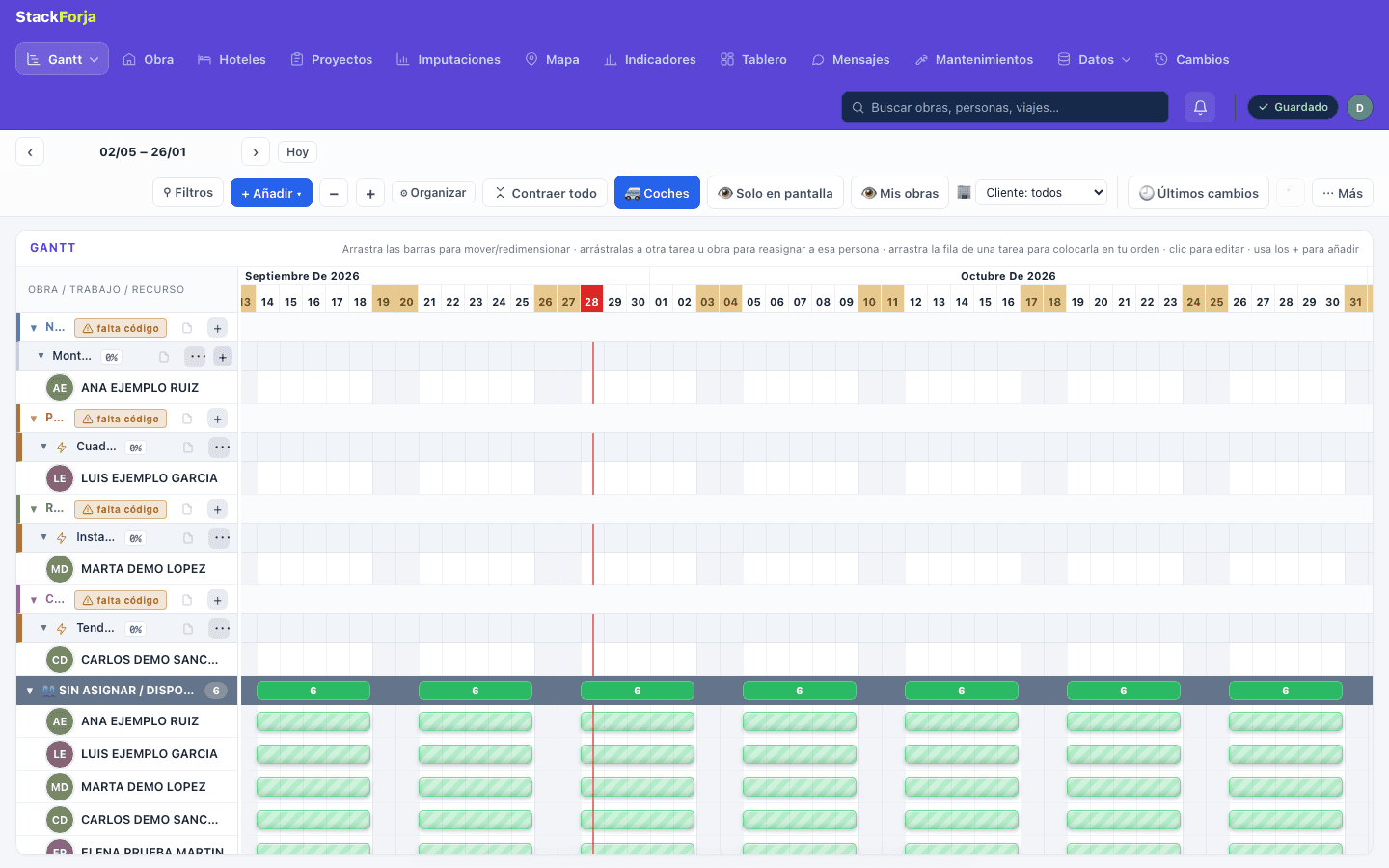 Calendario del planificador de obras, con obras y personas ficticias